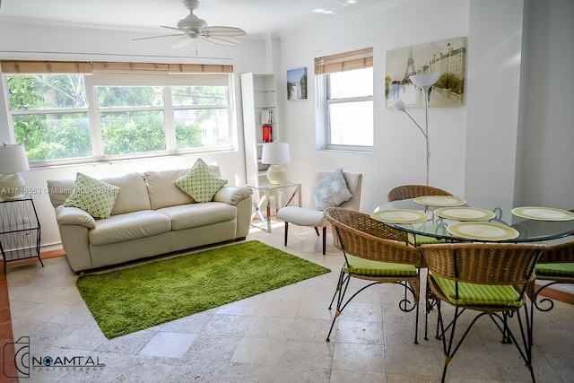 interior space with ceiling fan and crown molding