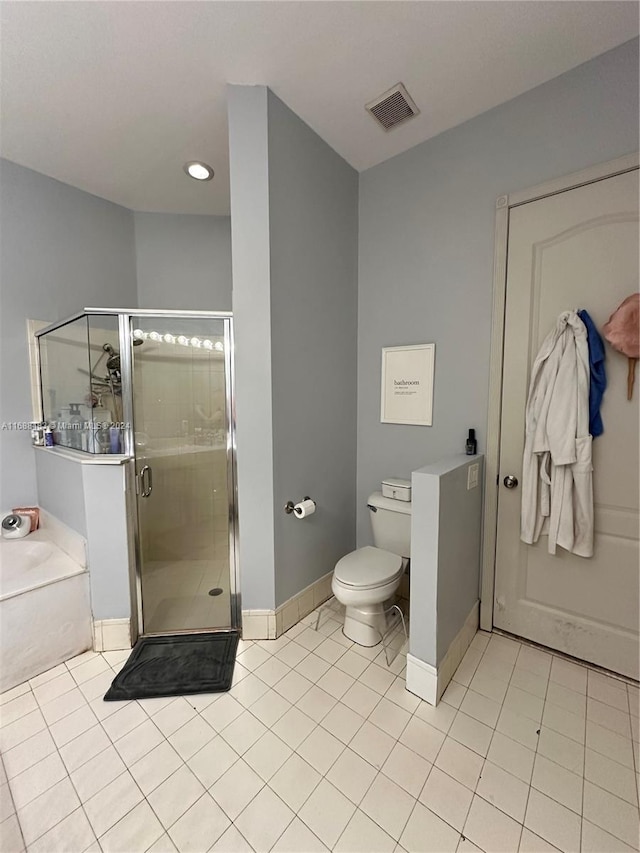 bathroom with toilet, independent shower and bath, and tile patterned flooring