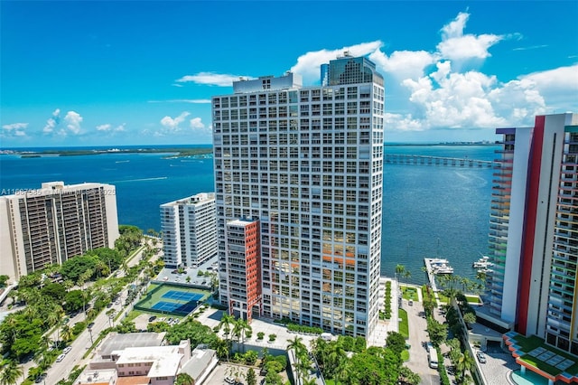 birds eye view of property featuring a water view