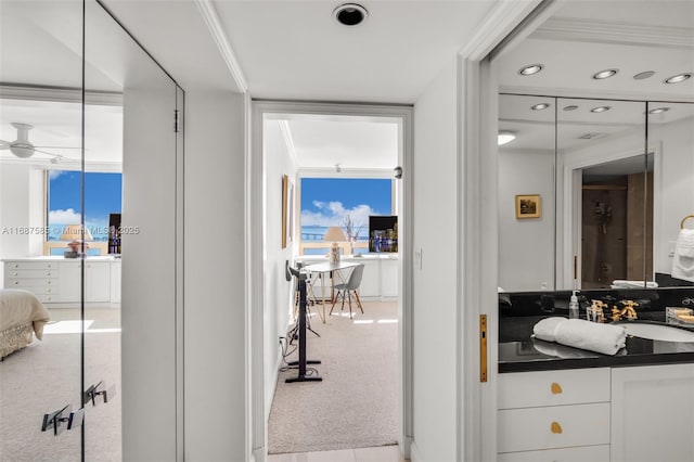 bathroom featuring vanity, a healthy amount of sunlight, and ornamental molding