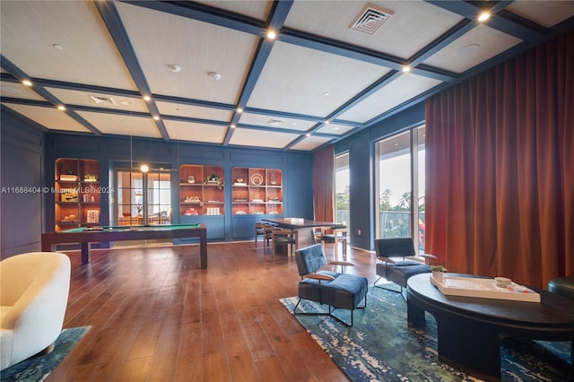 rec room with hardwood / wood-style floors, beam ceiling, billiards, and coffered ceiling