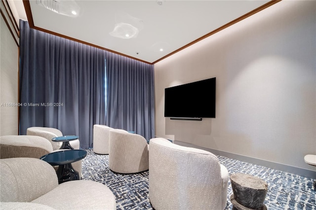 living room with carpet flooring and ornamental molding