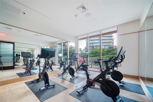 gym with light hardwood / wood-style flooring and floor to ceiling windows