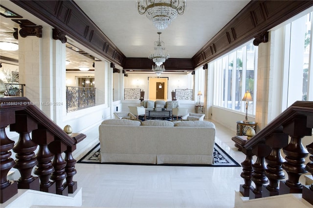 living room featuring an inviting chandelier