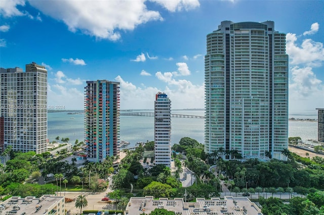 property's view of city featuring a water view