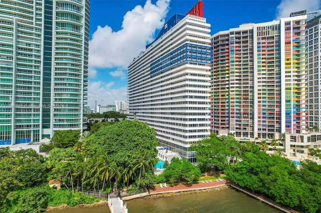 view of building exterior featuring a water view