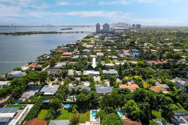 aerial view featuring a water view