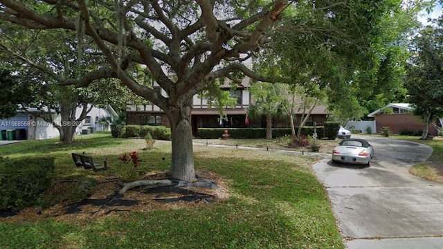 view of property hidden behind natural elements featuring a front lawn