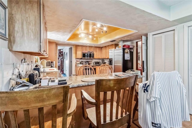 kitchen featuring kitchen peninsula, sink, a raised ceiling, light stone countertops, and appliances with stainless steel finishes