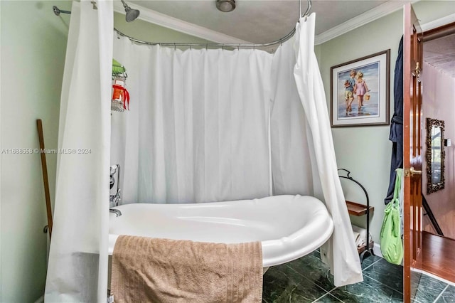 bathroom with shower / bath combination with curtain and crown molding