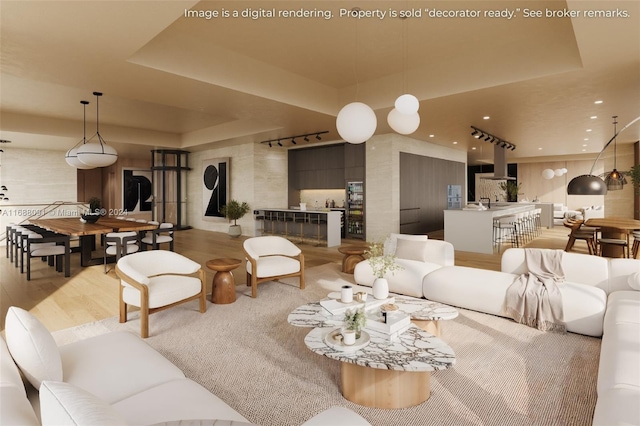 living room with hardwood / wood-style floors and a tray ceiling