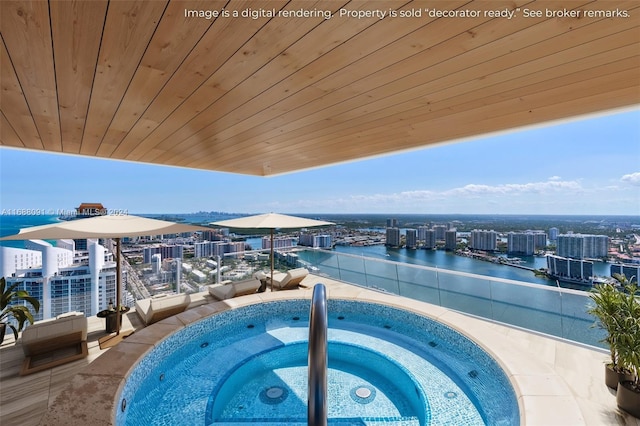 view of pool featuring a water view and a community hot tub