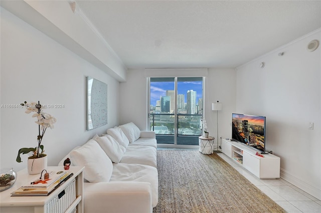 tiled living room with crown molding