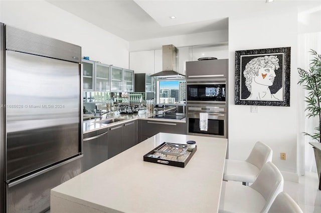 kitchen featuring gray cabinetry, stainless steel appliances, wall chimney range hood, sink, and white cabinets