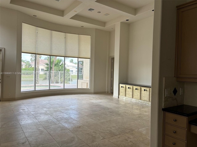 spare room featuring beam ceiling and coffered ceiling