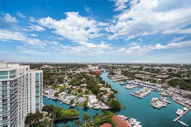 drone / aerial view with a water view