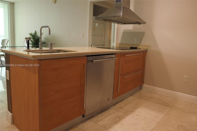 kitchen featuring island range hood, sink, stainless steel dishwasher, and black electric cooktop