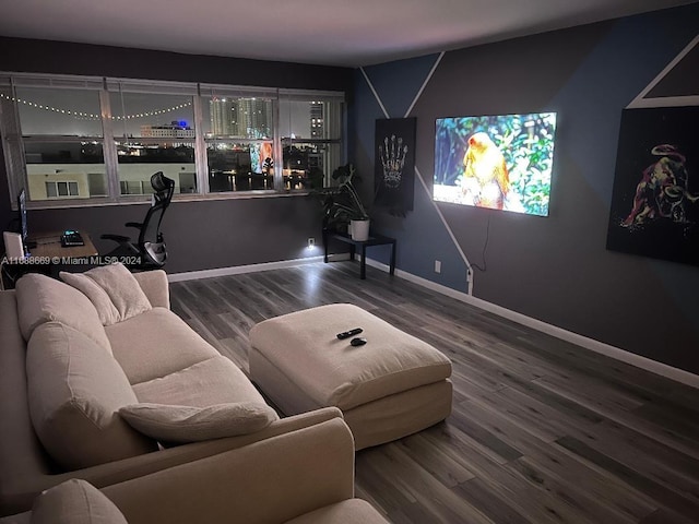 cinema room with hardwood / wood-style floors