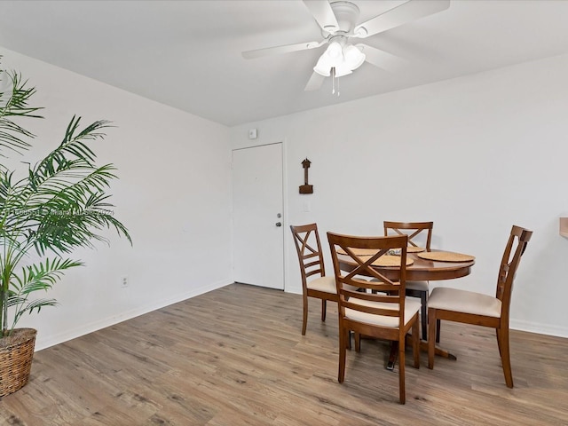 dining area with ceiling fan and wood-type flooring