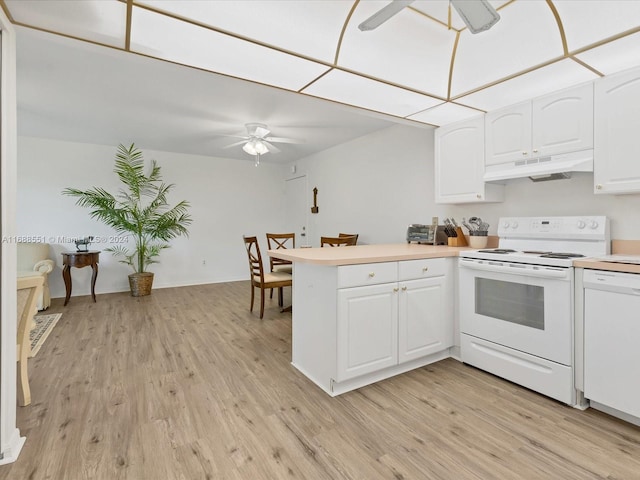 kitchen featuring white cabinets, light wood-type flooring, ceiling fan, and white appliances