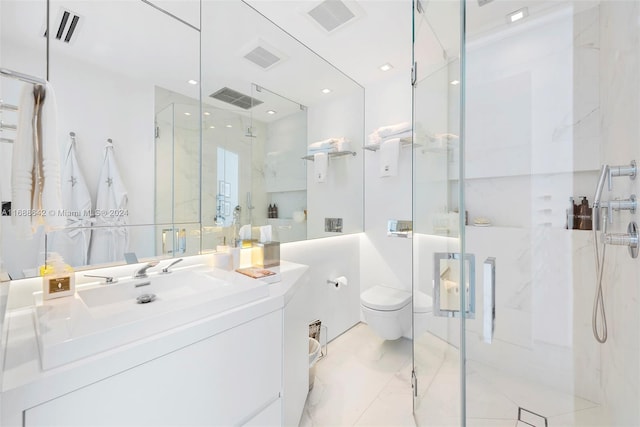 bathroom featuring walk in shower, vanity, and toilet