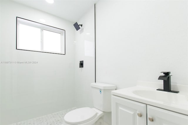 bathroom featuring walk in shower, vanity, and toilet