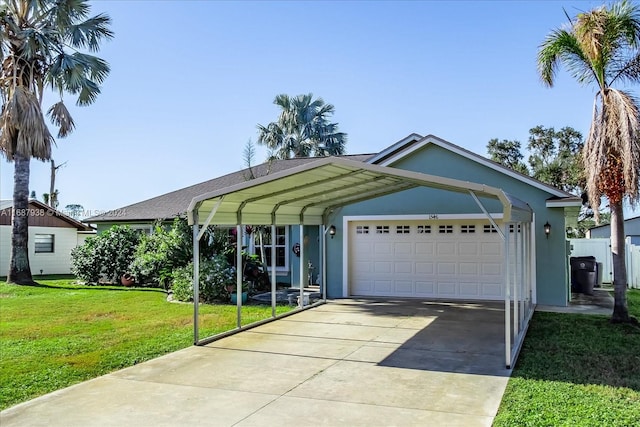 ranch-style house featuring a front yard and a garage