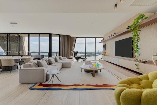 living room with expansive windows and light hardwood / wood-style flooring