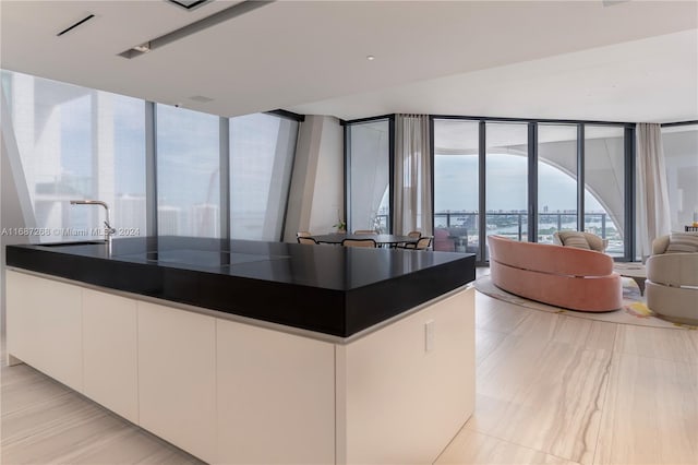 kitchen with sink, white cabinets, and a wall of windows