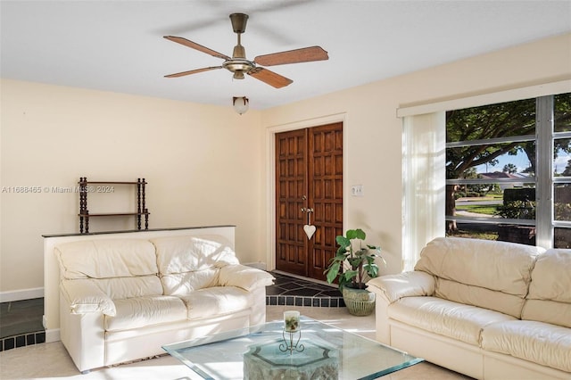 living room with ceiling fan