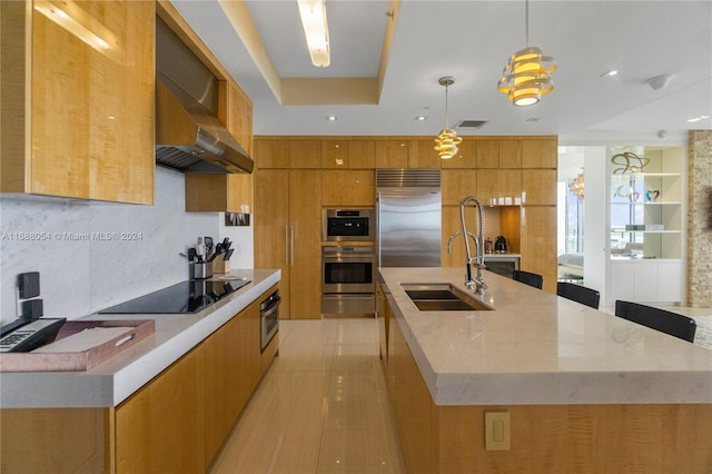 kitchen with hanging light fixtures, a large island, and stainless steel appliances