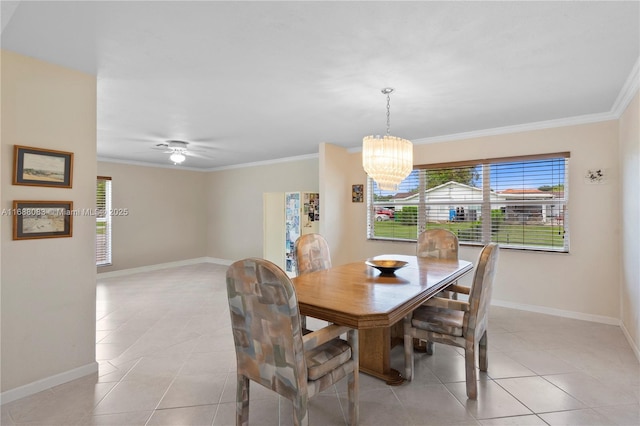 tiled dining room featuring ceiling fan with notable chandelier and crown molding