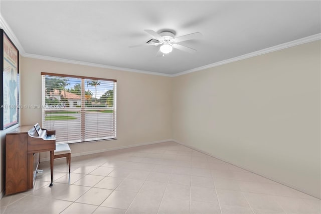 interior space featuring crown molding, ceiling fan, and light tile patterned flooring