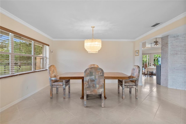 tiled dining area featuring french doors, a notable chandelier, and ornamental molding