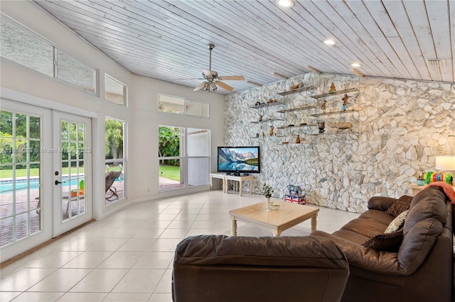 2940 SW 155th Ln, Davie, FL 33331 - living area with wooden ceiling, tile patterned floors, vaulted ceiling, french doors, and ceiling fan