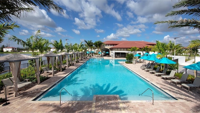 view of swimming pool with a patio area