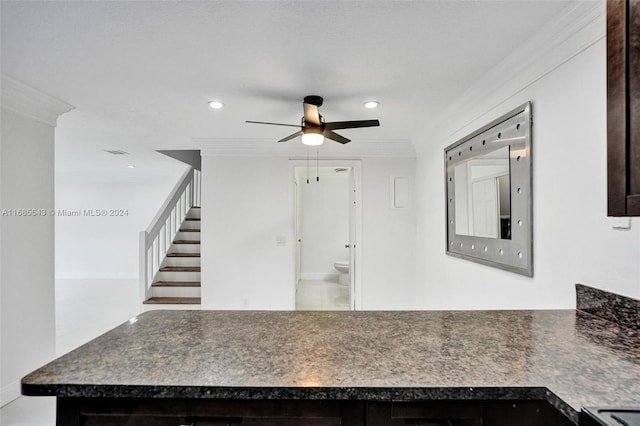 kitchen with ceiling fan and crown molding