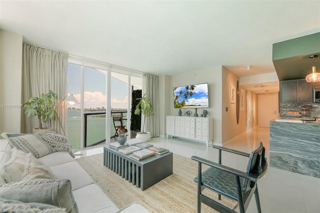 living room featuring light tile patterned flooring