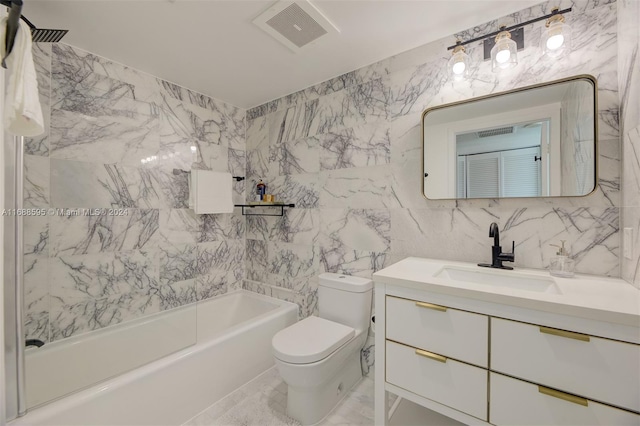 full bathroom with toilet, vanity, tub / shower combination, and tile walls