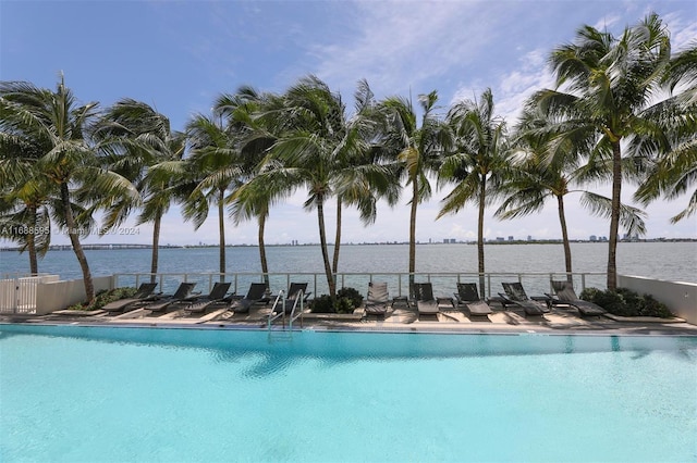 view of swimming pool featuring a water view