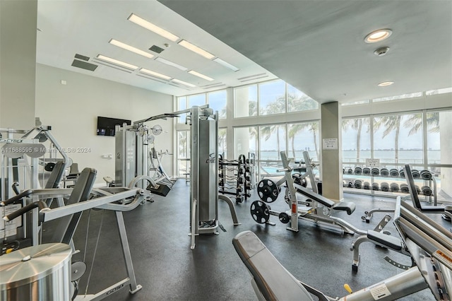 exercise room featuring floor to ceiling windows