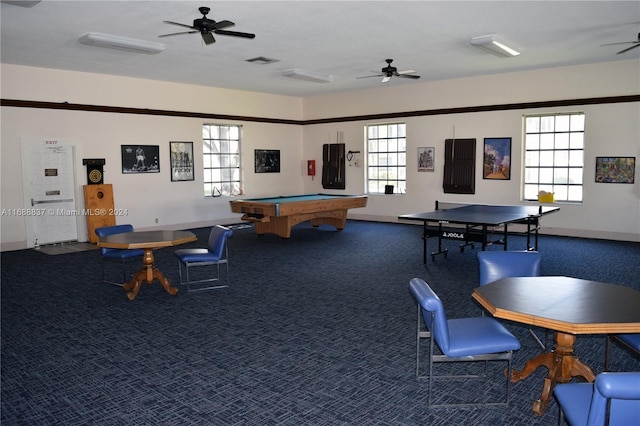 rec room featuring ceiling fan, carpet, and billiards