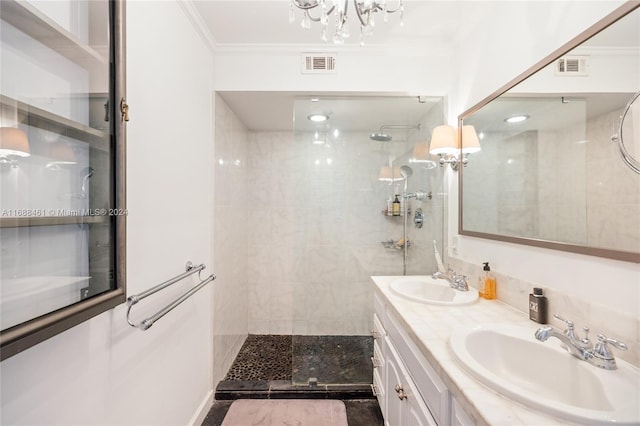 bathroom featuring tiled shower and ornamental molding