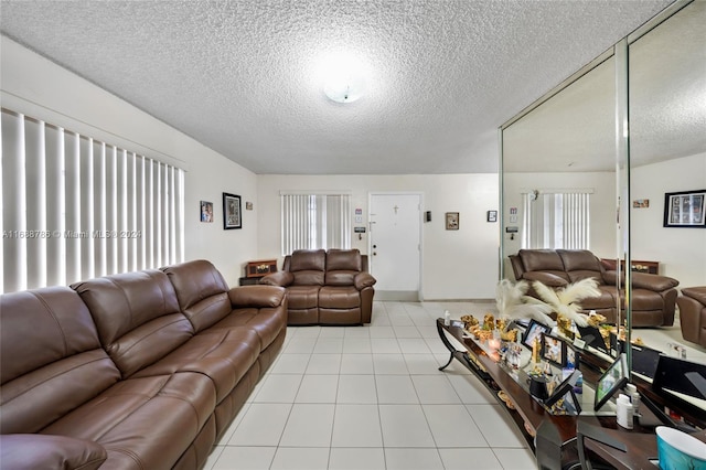 living room with a textured ceiling