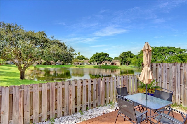 wooden terrace featuring a water view