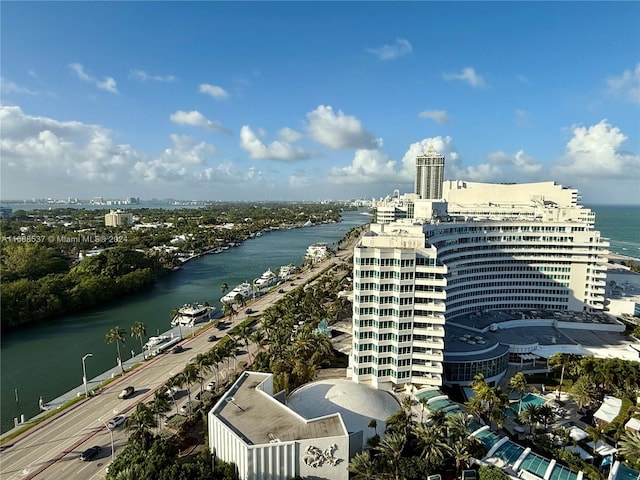 birds eye view of property featuring a water view