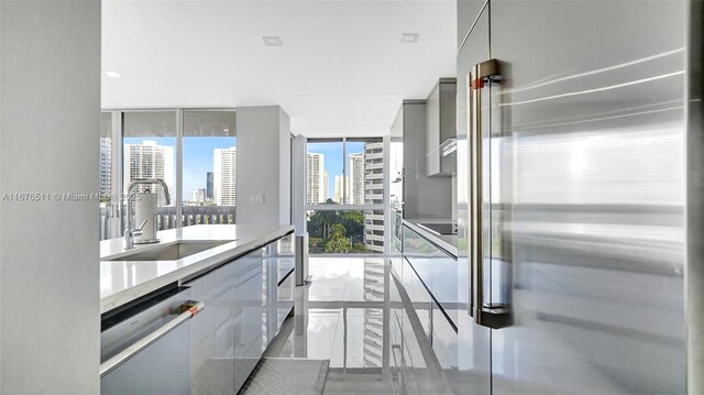 corridor featuring electric panel and light tile patterned flooring