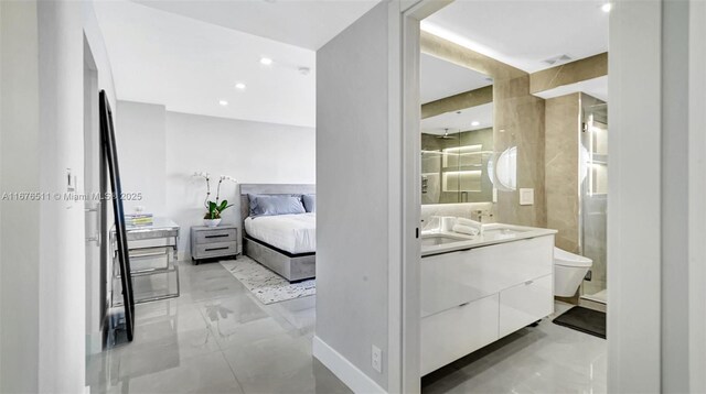 bathroom with independent shower and bath and tile walls