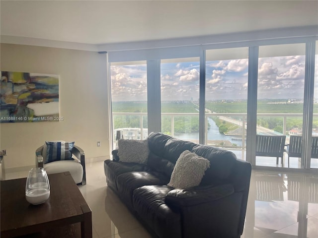 living room featuring plenty of natural light and a water view