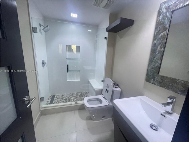 bathroom with vanity, toilet, an enclosed shower, and tile patterned flooring